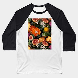 tropical pineapple and oranges botanical illustration, floral tropical fruits, black fruit pattern Baseball T-Shirt